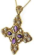 Handsome Pearl & Amethyst Maltese Cross Necklace