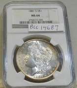 1881-S Morgan  Dollar, NGC MS-64, Near GEM, flashy