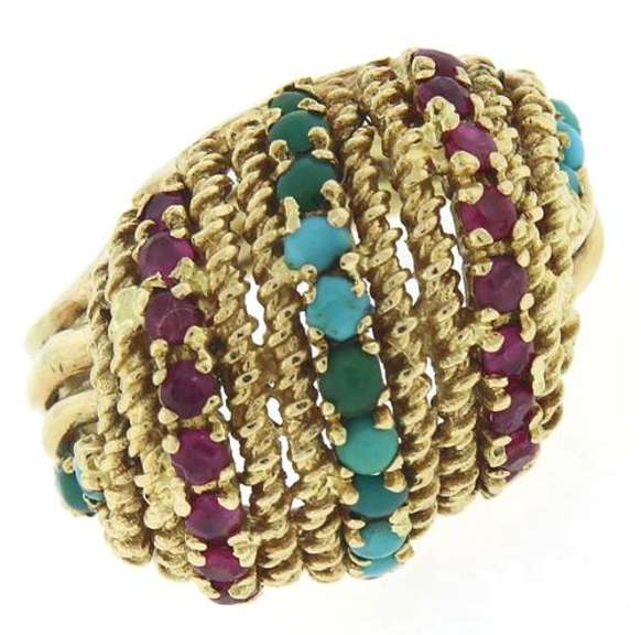 Fabulous Turquoise, Ruby 18kt Dome Textured Ring