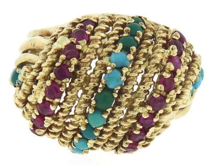 Fabulous Turquoise, Ruby 18kt Dome Textured Ring