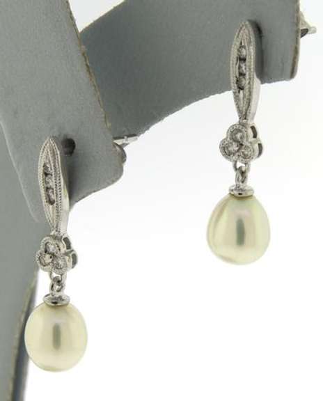 Simple 14kt WG Diamond and Pearl Dangle Earrings