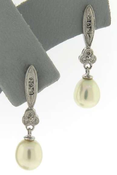 Simple 14kt WG Diamond and Pearl Dangle Earrings