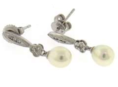 Simple 14kt WG Diamond and Pearl Dangle Earrings