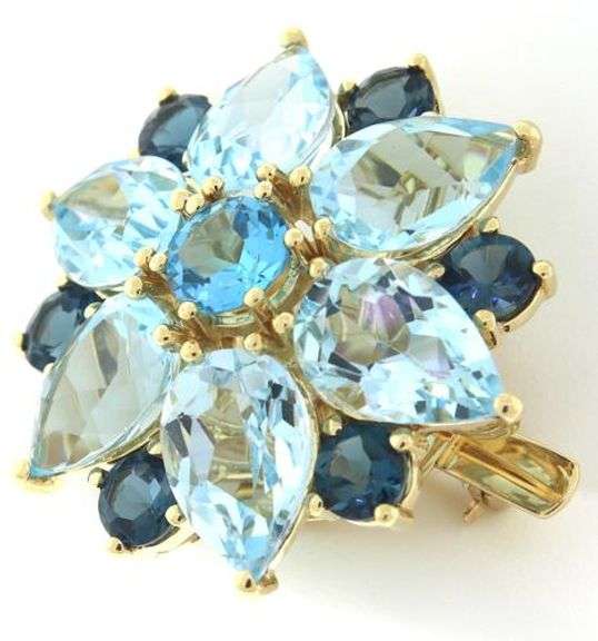 Amazing Multi Blue Topaz Yellow Gold Brooch