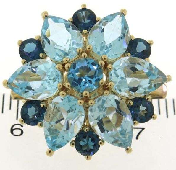 Amazing Multi Blue Topaz Yellow Gold Brooch