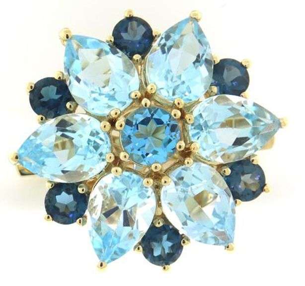 Amazing Multi Blue Topaz Yellow Gold Brooch