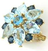 Amazing Multi Blue Topaz Yellow Gold Brooch