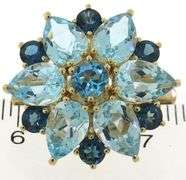 Amazing Multi Blue Topaz Yellow Gold Brooch