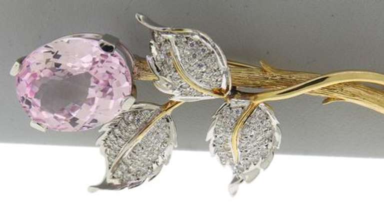 Whimsical 14kt YG Natural Kunzite and Diamond Floral Brooch