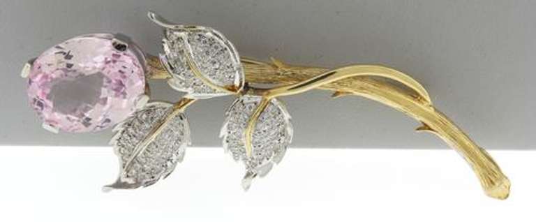 Whimsical 14kt YG Natural Kunzite and Diamond Floral Brooch