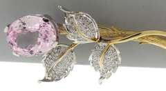 Whimsical 14kt YG Natural Kunzite and Diamond Floral Brooch