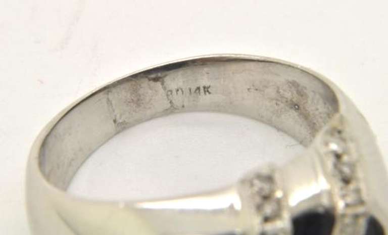 MENS 14 KT WHITE GOLD ONYX AND DIAMOND RING