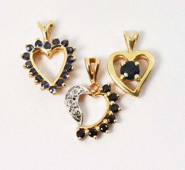 Lovely Trio of 14K Heart Pendants with Sapphires