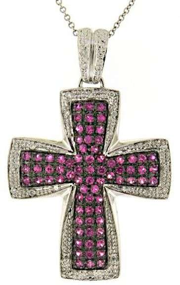 Glowing Pink Sapphire & Diamond Accent Cross Necklace