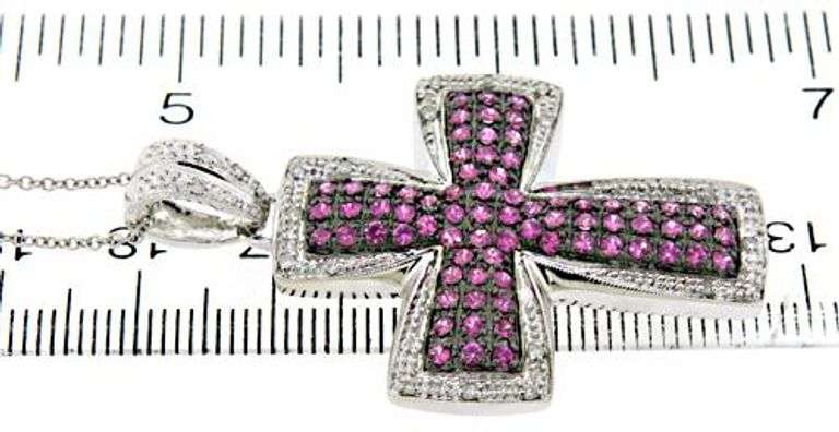 Glowing Pink Sapphire & Diamond Accent Cross Necklace
