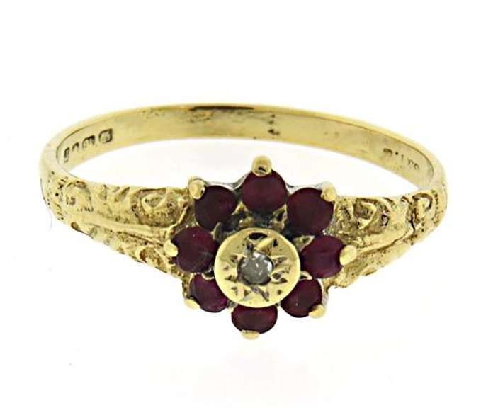 Vintage Ruby Halo and Diamond Yellow Gold Ring