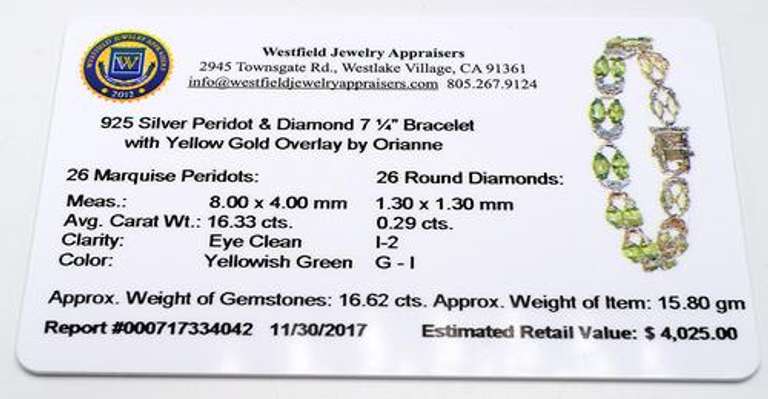 Gorgeous Marquise Peridot & Diamond Bracelet, Vermeil