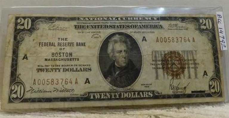 1929 Small Size $20.00 National Currency - Boston