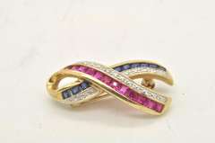 LADIES 14 YELLOW GOLD SAPPHIRES AND DIAMOND BROOCH