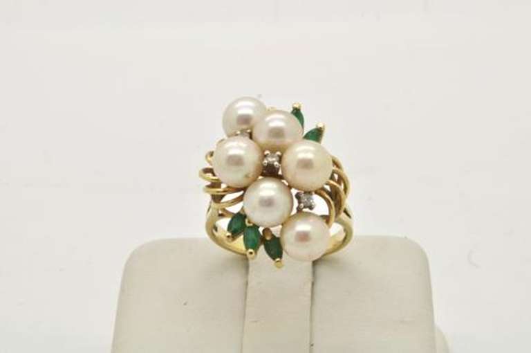 LADIES 14 KT PEARL EMERALD AND DIAMOND RING