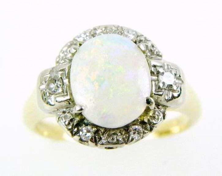 Early 14K Fiery Opal and Diamonds Ring, 5