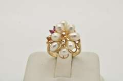 LADIES 14 KT YELLOW PEARL RUBY AND DIAMOND RING.
