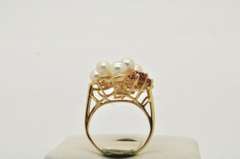 LADIES 14 KT YELLOW PEARL RUBY AND DIAMOND RING.