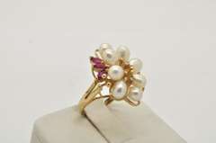 LADIES 14 KT YELLOW PEARL RUBY AND DIAMOND RING.