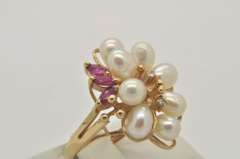 LADIES 14 KT YELLOW PEARL RUBY AND DIAMOND RING.