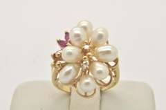 LADIES 14 KT YELLOW PEARL RUBY AND DIAMOND RING.