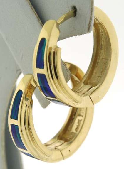 Stunning Opal Inlay Yellow Gold Hoop Earrings