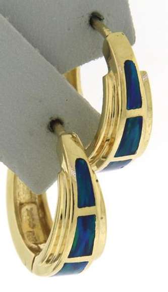 Stunning Opal Inlay Yellow Gold Hoop Earrings