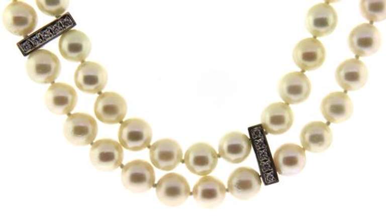 Fabulous Double Strand Diamond Station Pearl Necklace
