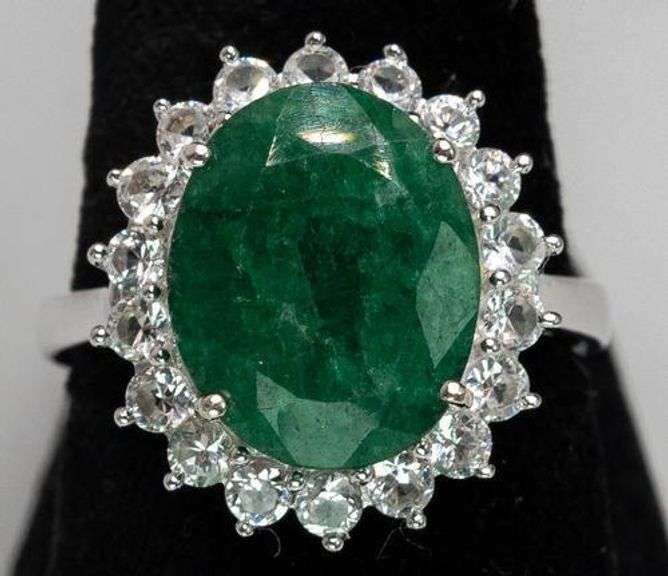 Simply Gorgeous Natural Emerald & White Topaz Ring in Sterling