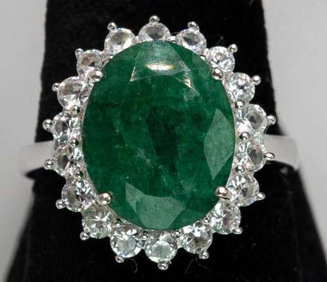 Simply Gorgeous Natural Emerald & White Topaz Ring in Sterling