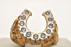 MENS 14 KT GOLD NUGGET HORSESHOE DIAMOND RING