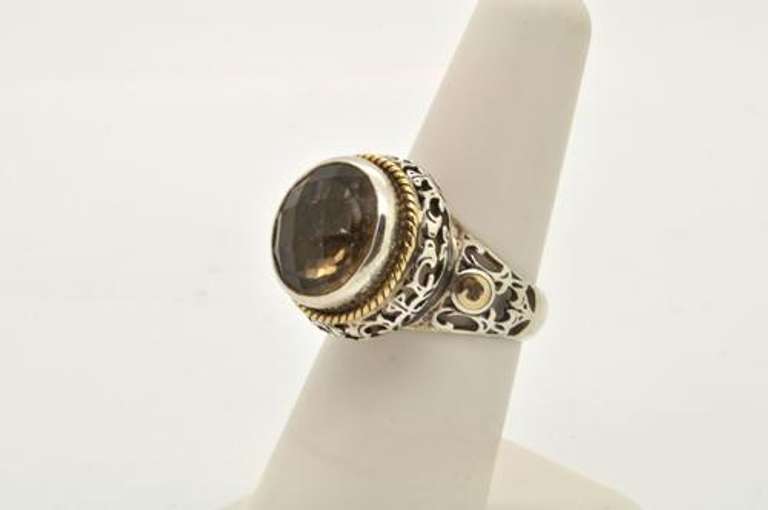 LADIES SILVER AND 18 KT GOLD SMOKEY QUARTZ RING