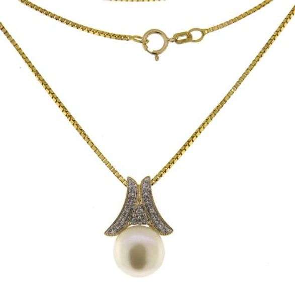Trendy 14kt YG Diamond & Coin-Style Pearl Necklace