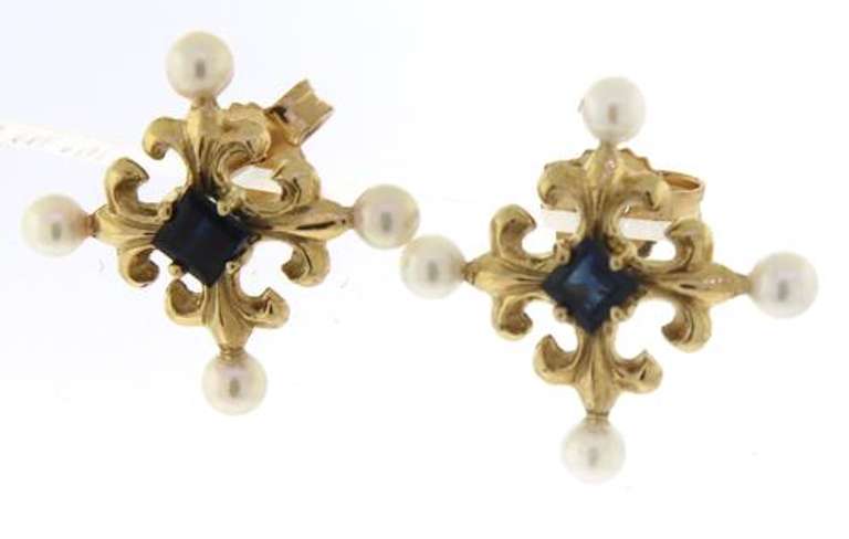 Beautiful Sapphire & Pearl Maltese Cross Earrings