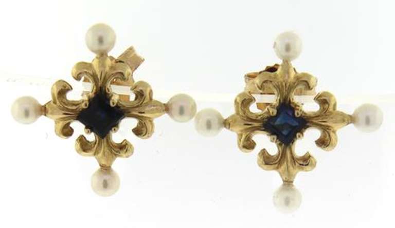 Beautiful Sapphire & Pearl Maltese Cross Earrings