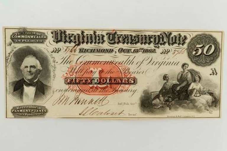$50 Virginia Treasury Note Oct 15 1862 Series