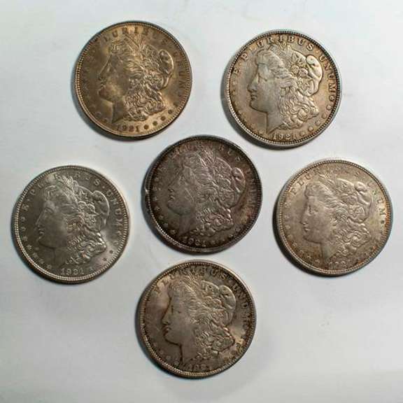 6 1921 Mostly Near Unc & Unc Morgan Silver Dollars