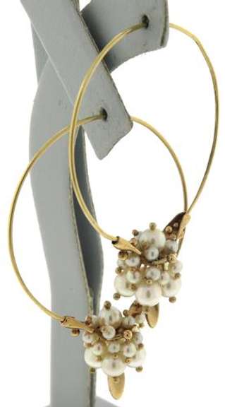 Elegant 10kt Pearl and Gold Vintage Cluster Bead Hoop Earrings