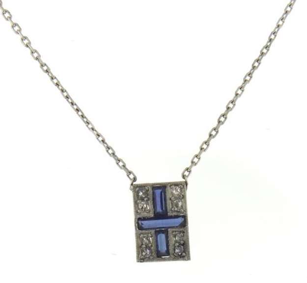 Dainty 14kt WG Vintage Diamond & Synthetic Sapphire Nautical Flag Necklace