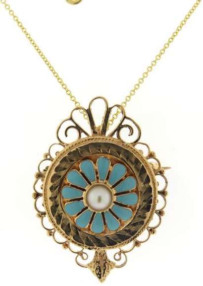Irresistible 14kt YG Victorian Turquoise Enamel & Pearl Convertible Brooch/Pendant