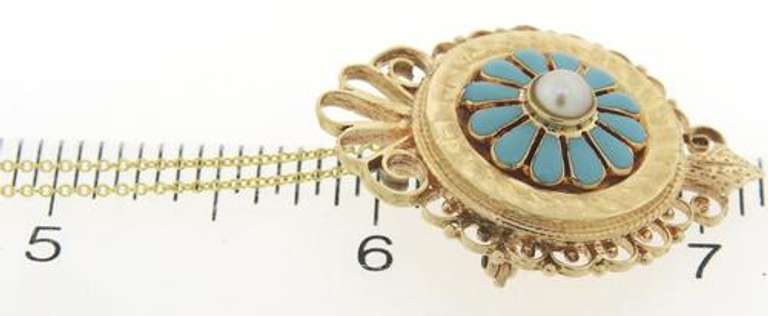 Irresistible 14kt YG Victorian Turquoise Enamel & Pearl Convertible Brooch/Pendant