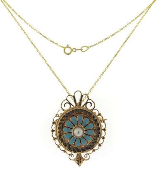 Irresistible 14kt YG Victorian Turquoise Enamel & Pearl Convertible Brooch/Pendant