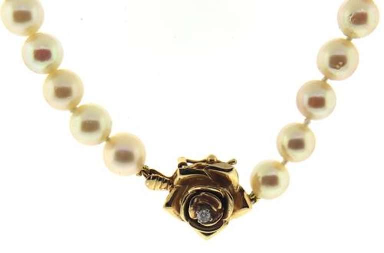 Magical 14kt YG White Pearl Necklace with Diamond Rose Clasp