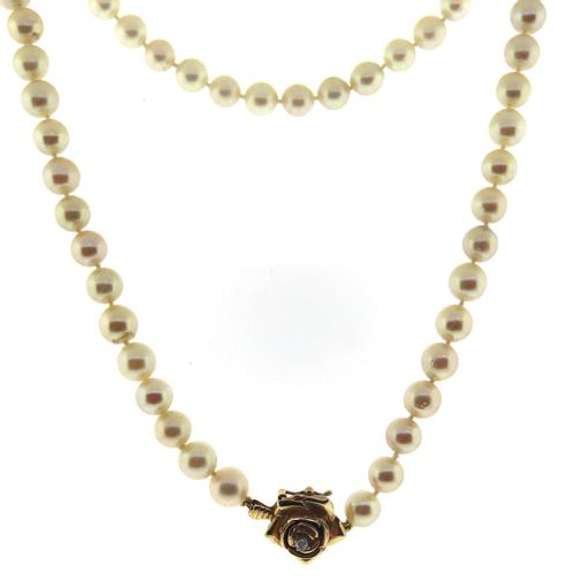Magical 14kt YG White Pearl Necklace with Diamond Rose Clasp