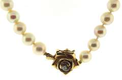 Magical 14kt YG White Pearl Necklace with Diamond Rose Clasp